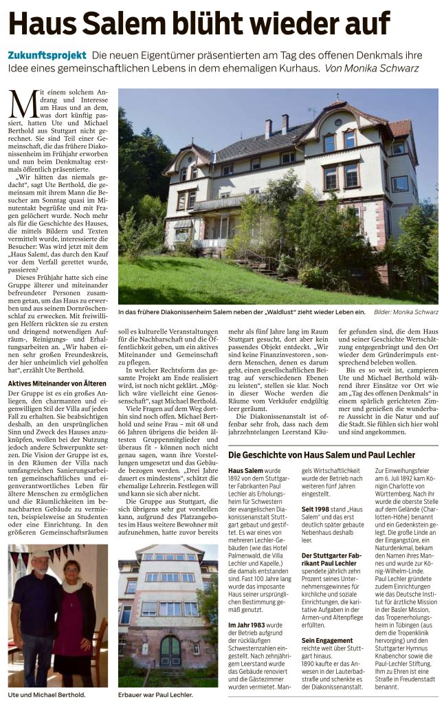 Haus Salem blüht wieder auf - Bericht von Monika Schwarz in der Südwest Presse Neckar-Chronik vom 13.09.2022