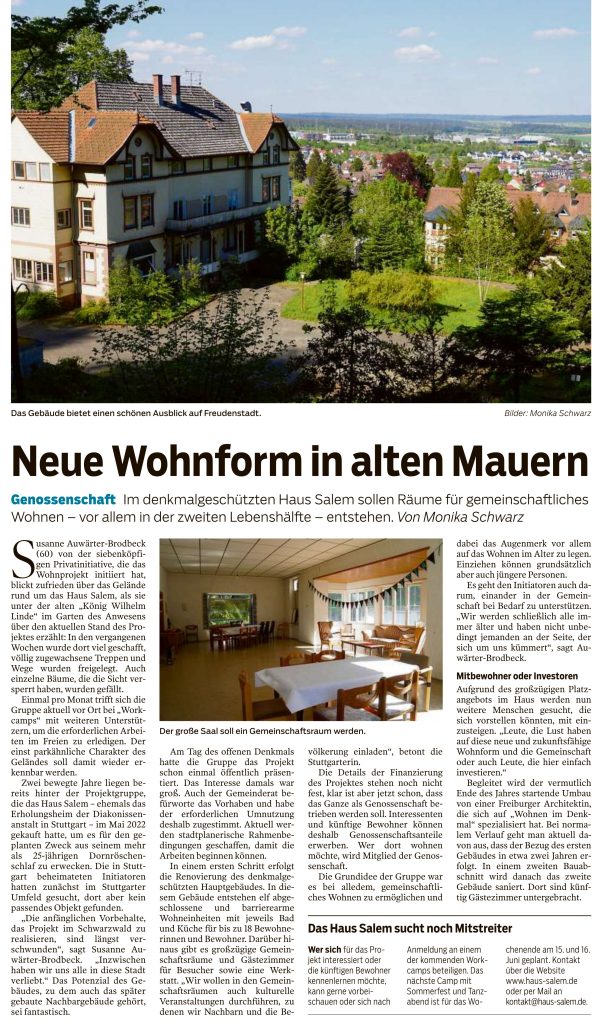 Neue Wohnform in alten Mauern Artikel von Monika Schwarz Tageszeitung 22.05.2024