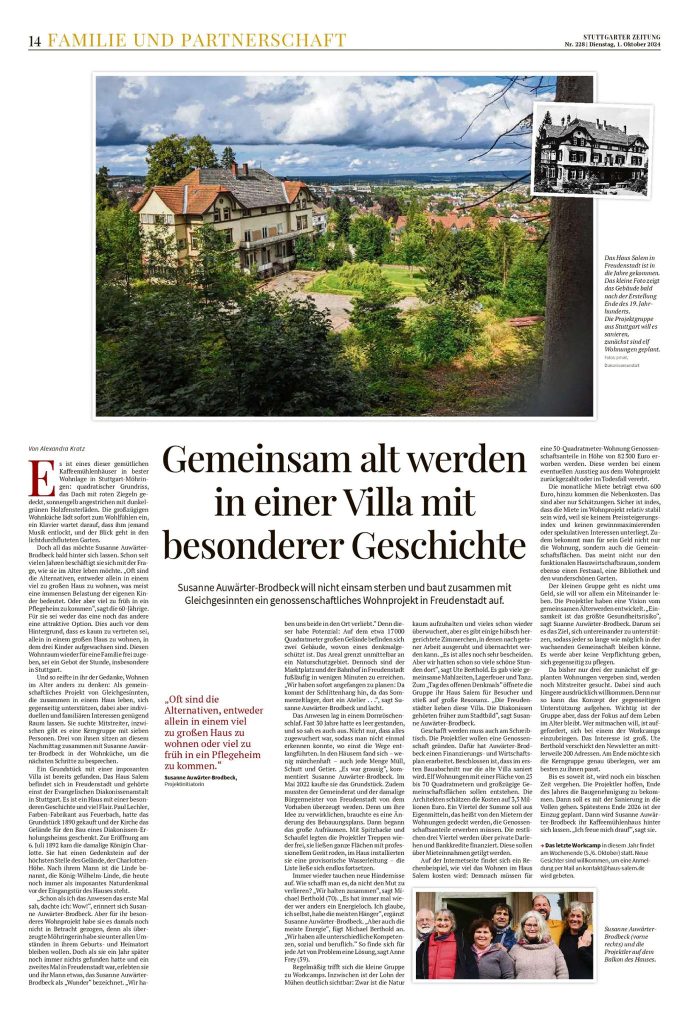 Bericht Stuttgarter Zeitung vom 1.10.2024 mit dem Titel "Gemeinsam alt werden in einer Villa mit besonderer Geschichte"